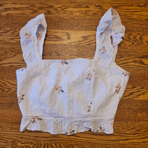 Cottage Core S White Floral Embroidered Ruffle Crop Top Square Neck Tie Back - Picture 5 of 11